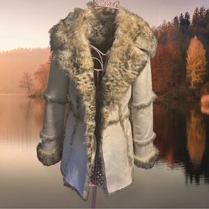 bebe Cream and Tan Teddy Jacket with Faux Fur Trim